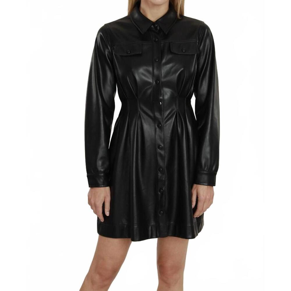 NEW DOLCE CABO vegan leather puff shoulder belted dress in black
